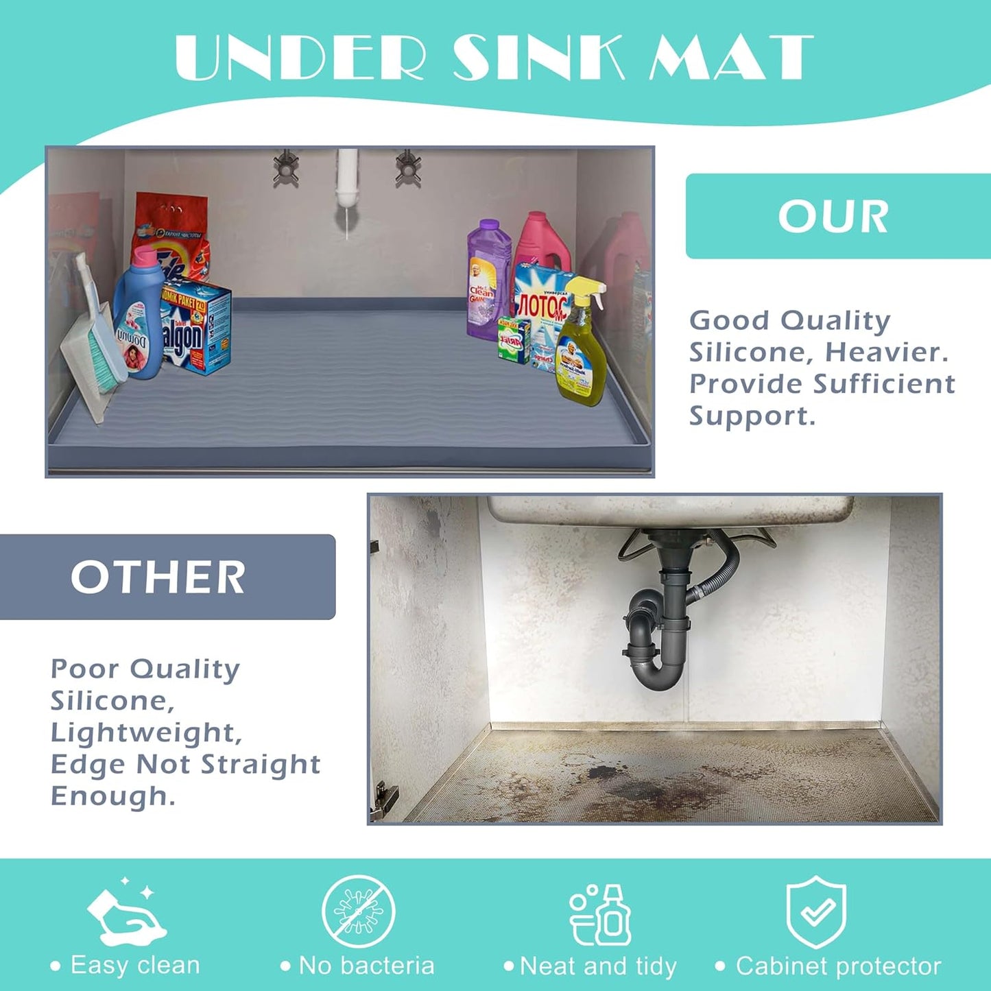 URMONA Waterproof Silicone Under Sink Mat 22'' x 14'' Shelf Liner for Kitchen and Bathroom, Cabinet and Counter Protector, Storage and Organizers, Litter Mat, Pet Cat Puppy Essentials(Beige)