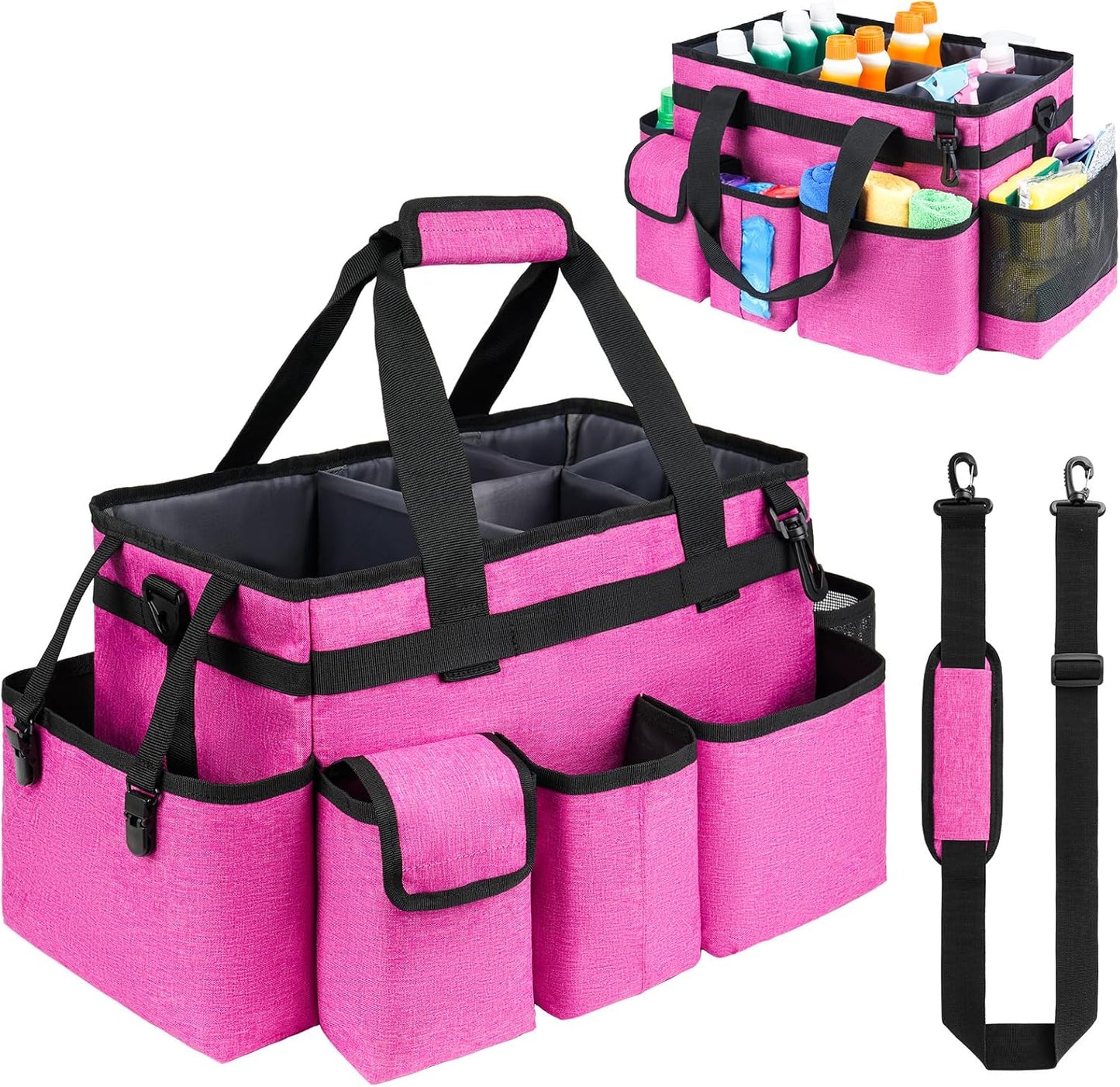 Cleaning Caddy Bag,Large Cleaning Supplies Organizer with Handle for Housekeepers,Red