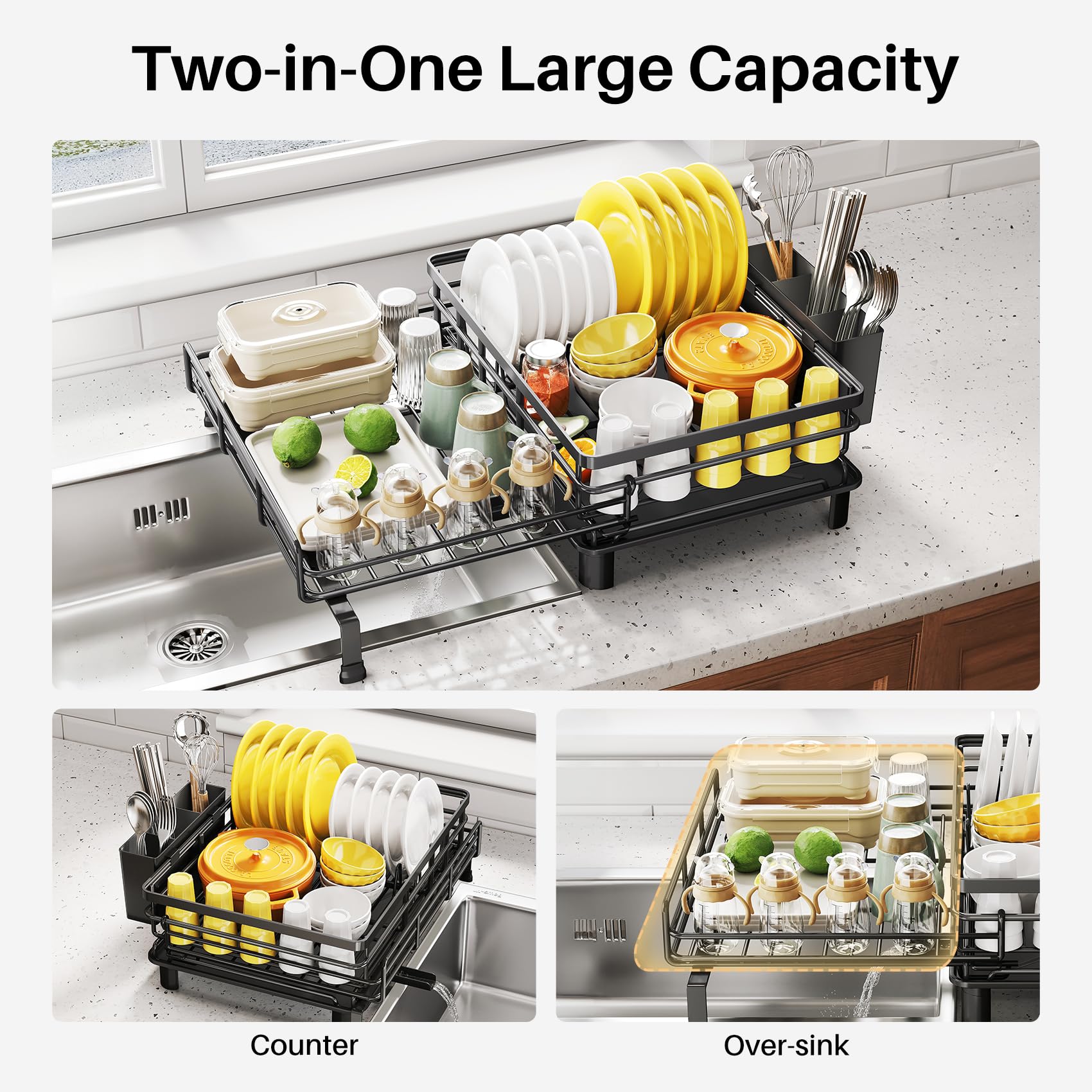 Expandable Dish Drying Rack for Kitchen Counter, Stainless Steel, Black