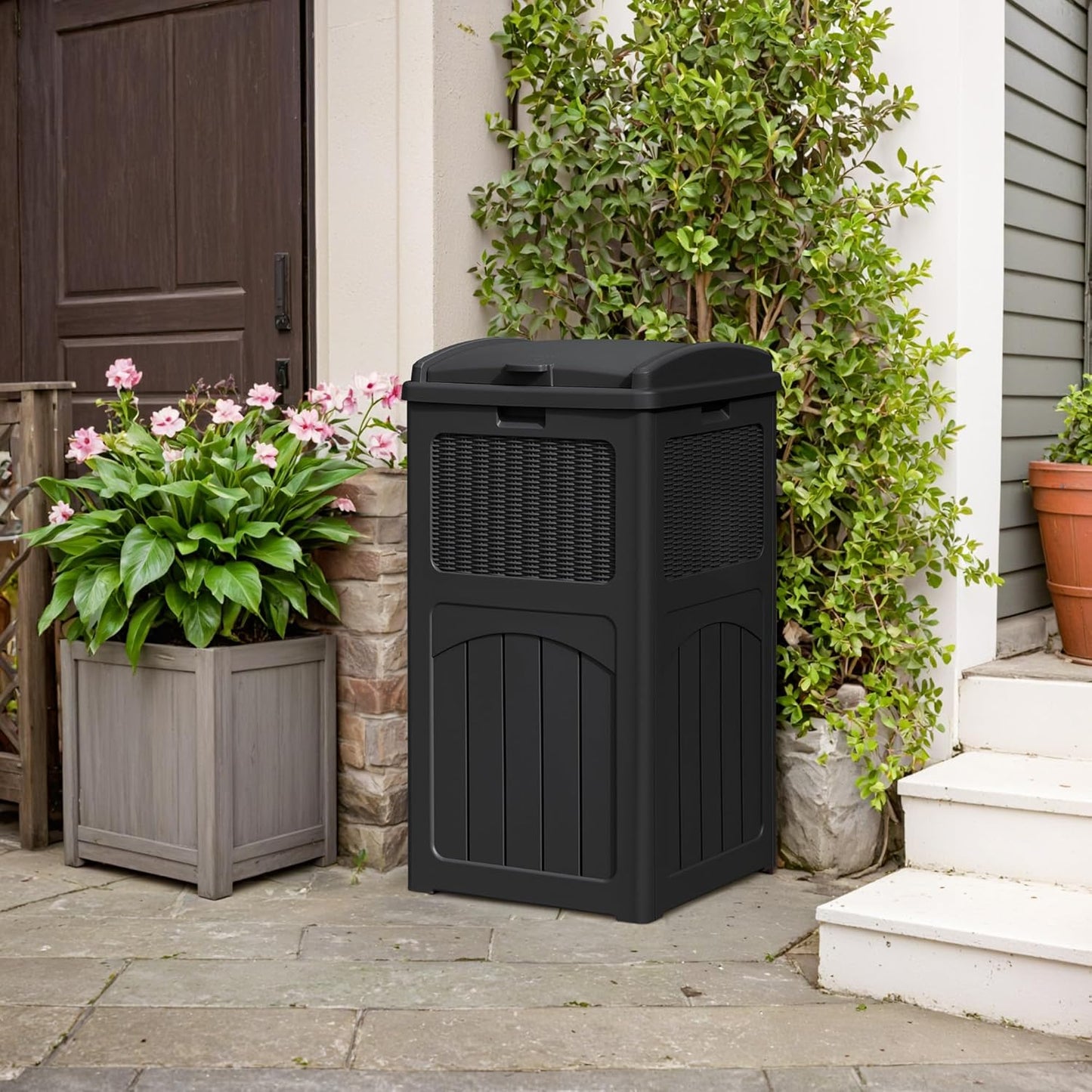 YESHOMY 4 Pack Outdoor Trash Can with Lid, Garbage Bins for Garden, Porch, Home and Kitchen, Black