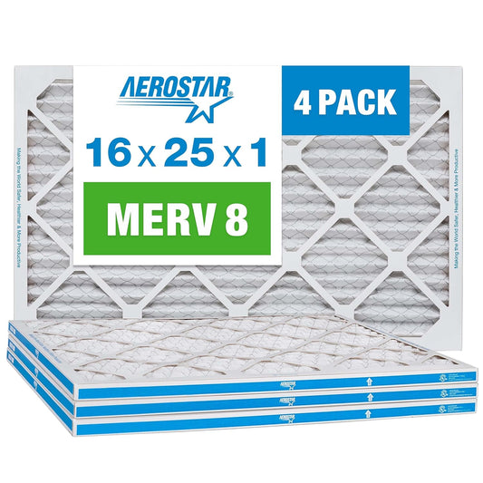 Aerostar 16x25x1 MERV 8 - 4 Count - High Efficiency Pleated HVAC, Furnace & Air Conditioner Filters