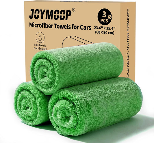 JOYMOOP Microfiber Towels for Cars, 3 Pack 35.4" x 23.6" Car Drying Towel, Green Reusable Car