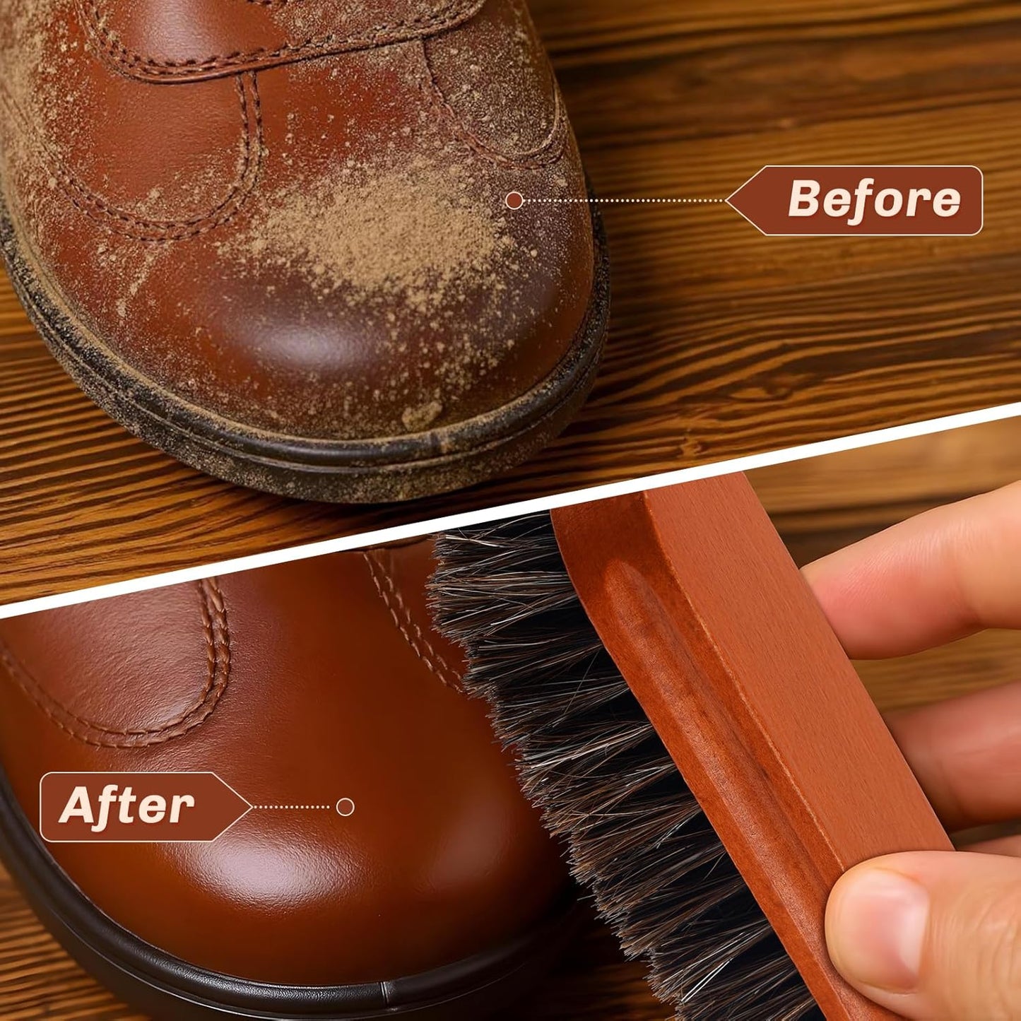 4 Pcs Horsehair Shine Shoes Brush Kit Polish Dauber Applicators Cleaning Leather Shoes Boots Care Brushes Suede Cleaner Brush with Microfiber Shoe Cloth(Brown Style A)