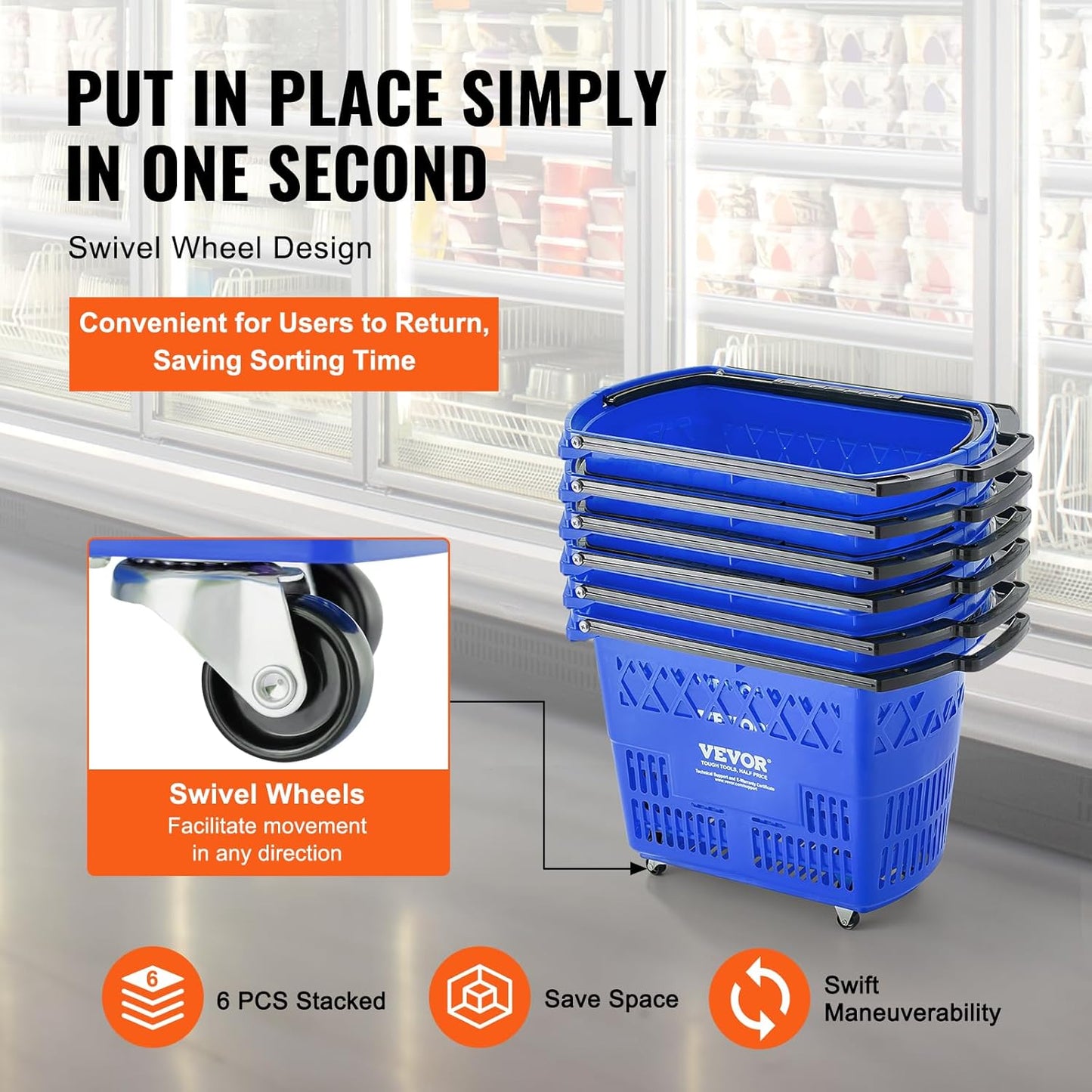 VEVOR Shopping Carts with Handles, 6PCS, 39L Plastic Rolling Shopping Basket with Wheels, Large Portable Shopping Basket Set for Supermarkets, Retail Stores, Grocery Shopping, Blue