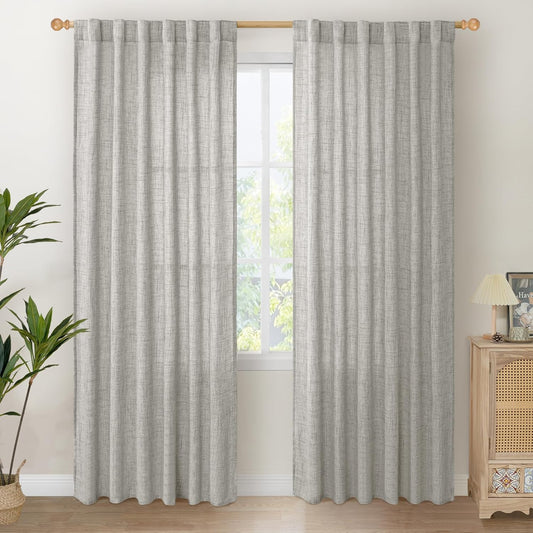 YoungsTex Dark Grey Linen Curtains 80 Inch Length for Living Room, Light Filtering Semi Sheer Window Drapes Rod Pocket Back Tab Curtain for Bedroom Office Rustic Privacy, 2 Panels, 52 X 80 Inch