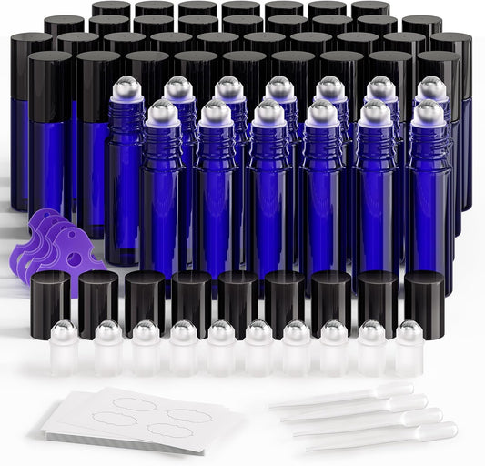 ULG Essential Oil Roller Bottles 48 Pack 10ml Cobalt Blue Glass Empty Bottles with Stainless Steel Roller Balls (10 Extra Roller Balls, 4 Openers, 4 Droppers, 48 Waterproof Labels)