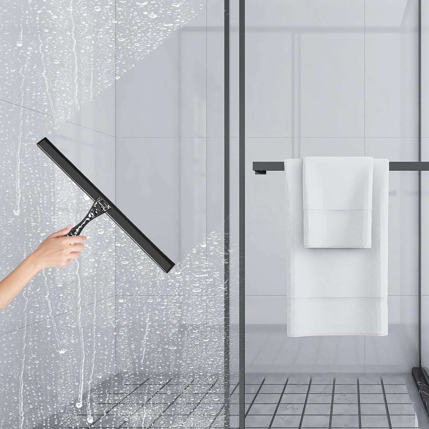 All-Purpose Silicone Shower Squeegee for Shower Glass Door,with 2 Hooks & Pink Mini Squeegee,for Bathroom Glass, Car, Tile Wall, Mirror Cleaning - Easy-Grip Handle 14 Inch Black