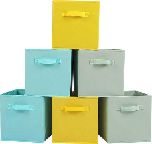 Stero Fabric Storage Bins 6 Pack Fun Colored Durable Storage Cubes with Handles Foldable Cube Baskets for Home, Kids Room, Closet and Toys Organization Cyan, Green, Yellow