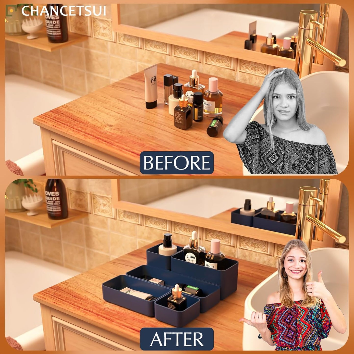 Drawer Organizers, Storage Plastic Desk Bins Stackable Organizers Tray, Bathroom Dividers Small Makeup Bin Clothes Organizing Trays for Containers Vanity Office Cabinet Sliverware Set, Blue