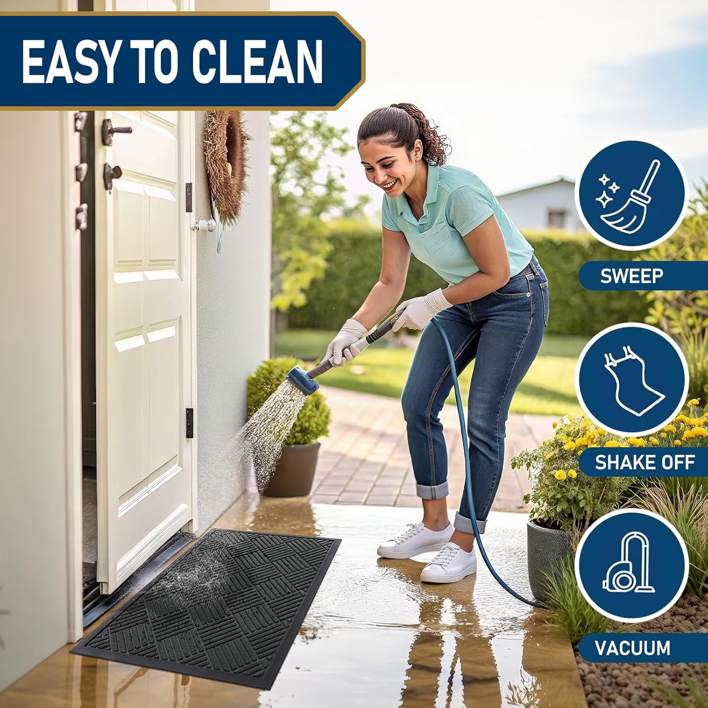 Smiry Front Door Mat Outside Entrance, Heavy Duty Outdoor Indoor Natural Rubber Doormat, Non Slip, Trap Dirt and Moisture, Easy Clean, Low Profile Patio Porch Entryway Mat, 47x23, Black