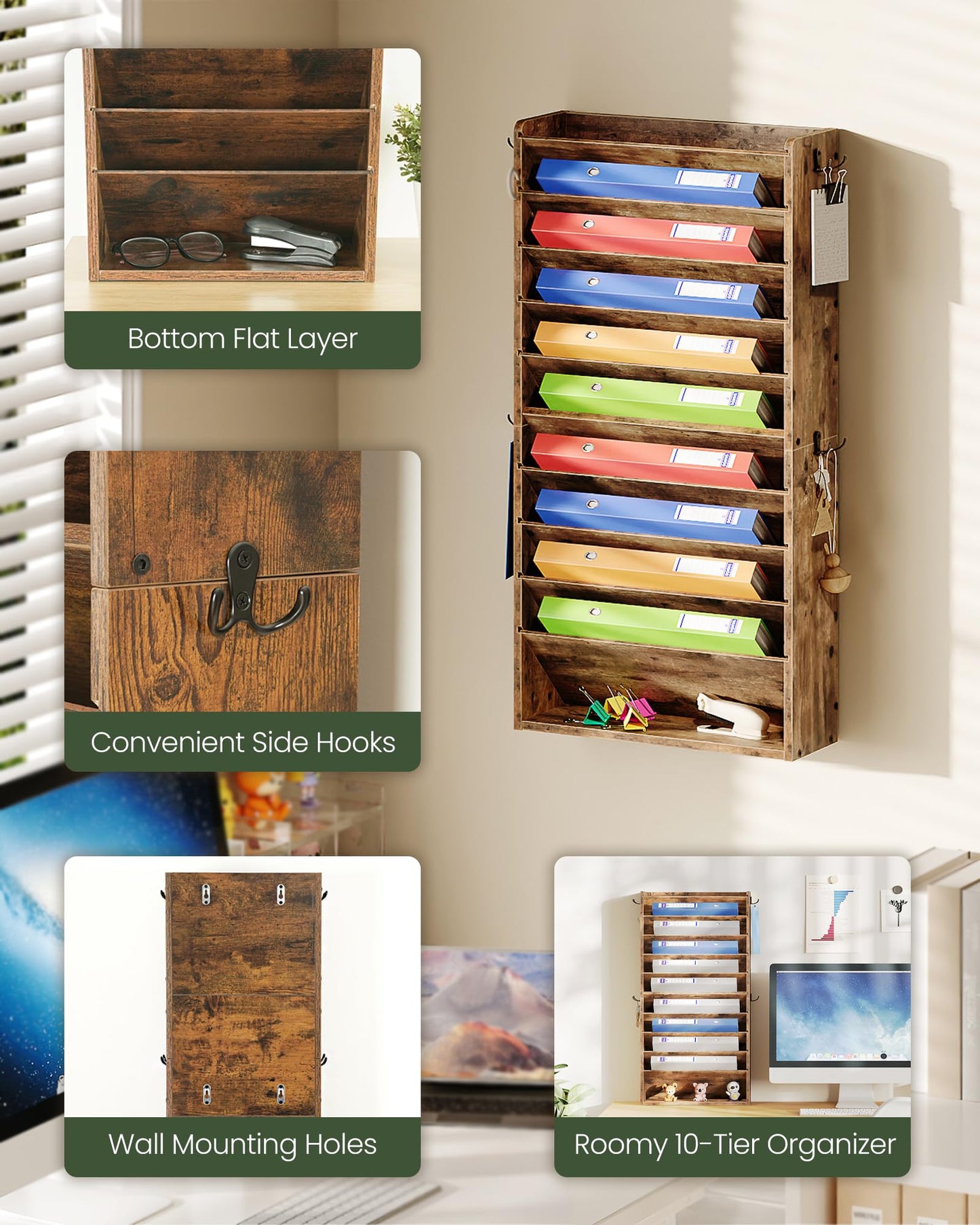 CHOEZON Wall File Organizer, 10-Tier Hanging Mail Organizer, Wall Mount File Holder with 4 Side