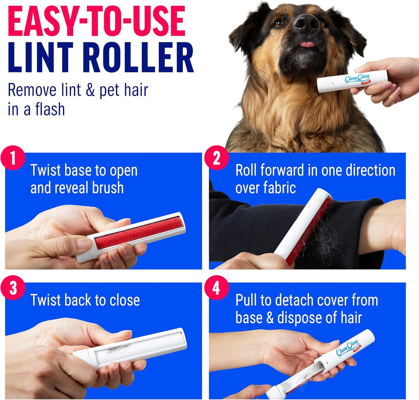 ChomChom Roller for Pet Hair - Reusable Lint Roller Pet Hair Removal Tool for Clothes, Couches, Cars and Travel - Cat Dog Hair Remover, Compact, No Sticky Refills Needed (Travel Togo)