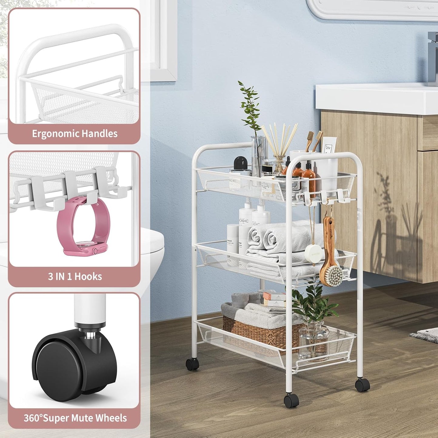 TOOLF 3-Tier Metal Rolling Cart, Mesh Wire Easy Assemble Utility Cart, Storage Trolley on Wheels with 3 Hooks, MetalStorage Shelving Units for Kitchen Bathroom Laundry Room