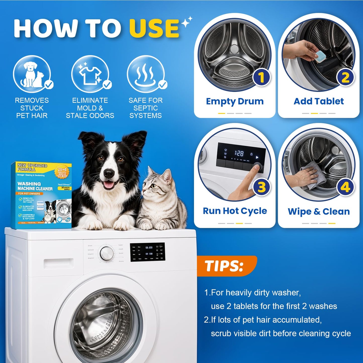 Tezii Simax 28 Pack Washing Machine Cleaner for Pet Owners, Natural Enzymes Lift Embedded Pet Hair