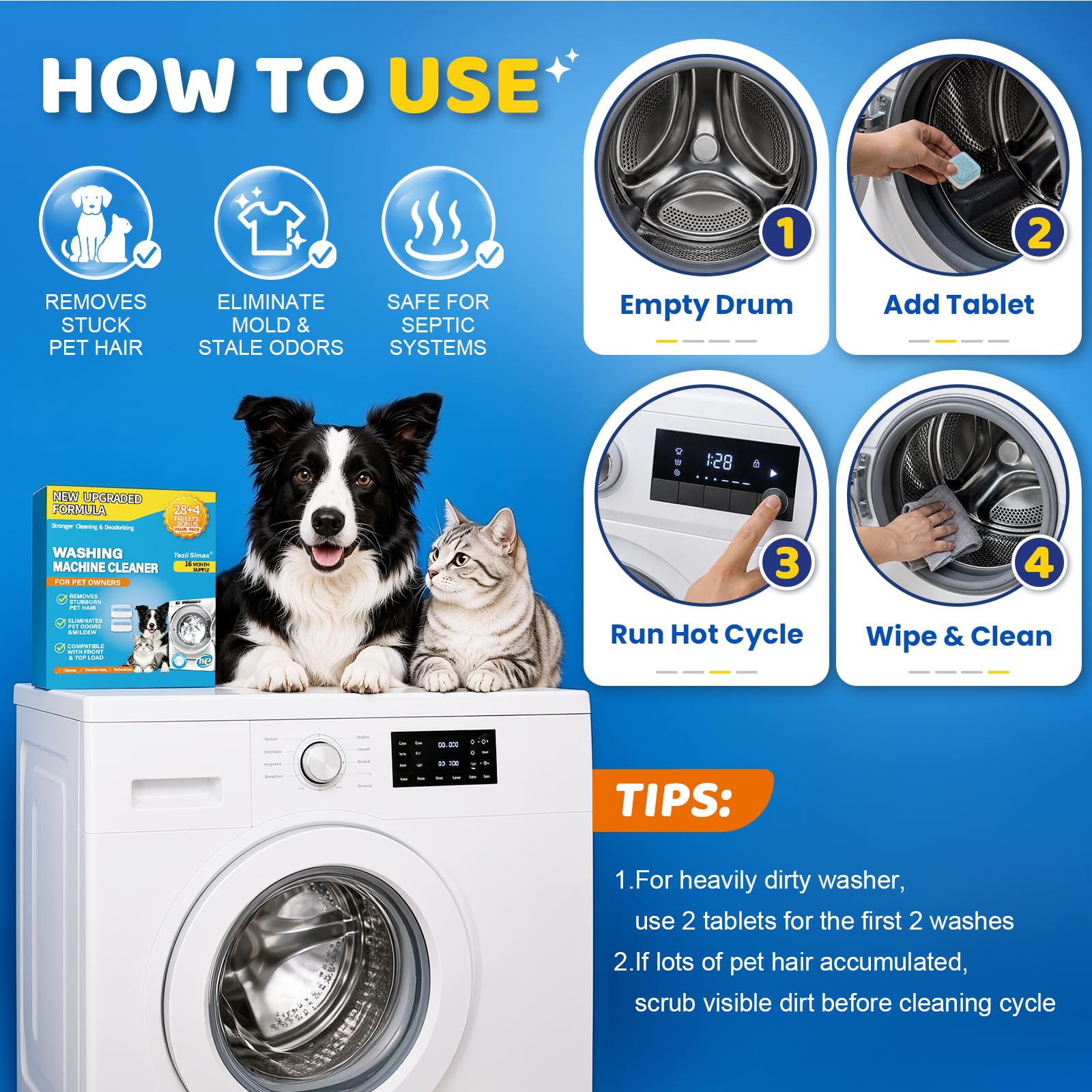 Tezii Simax 28 Pack Washing Machine Cleaner for Pet Owners, Natural Enzymes Lift Embedded Pet Hair