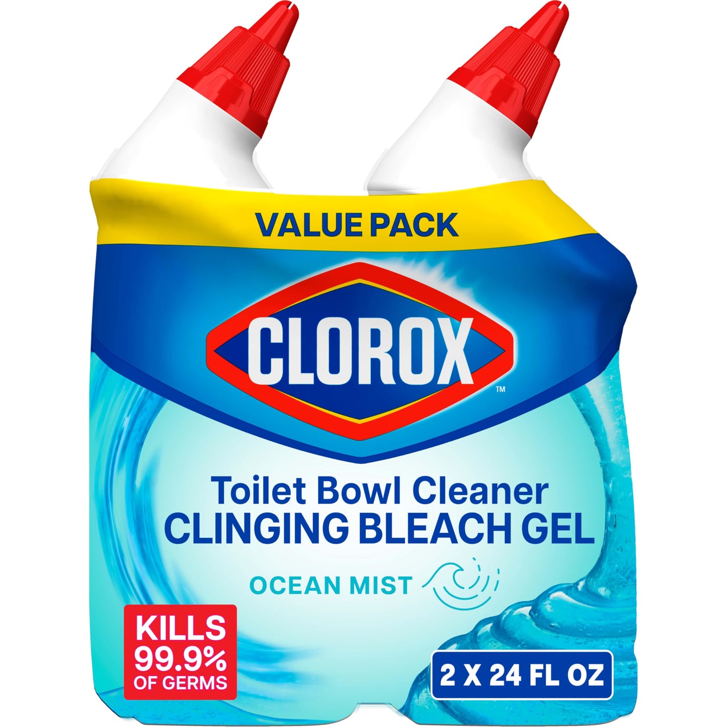 Clorox Toilet Bowl Cleaner Clinging Bleach Gel, Kills 99.9% of Bacteria and Viruses, Ocean Mist, 24