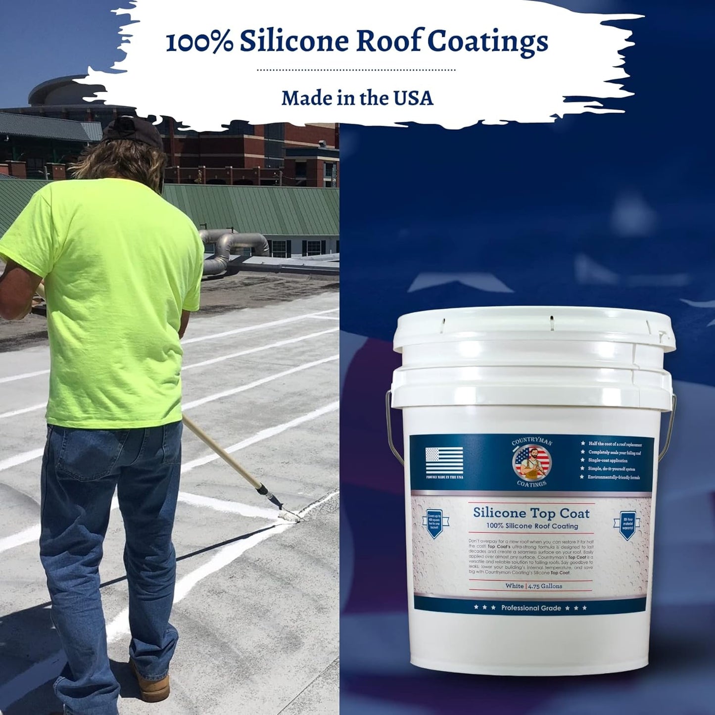 Countryman Coatings 100% Silicone Roof Coating - Restore Your Roof in a Day - Seal Leaks, Cracks, Seams, Penetrations - Adheres to All Surfaces (4.75 Gallon, White)