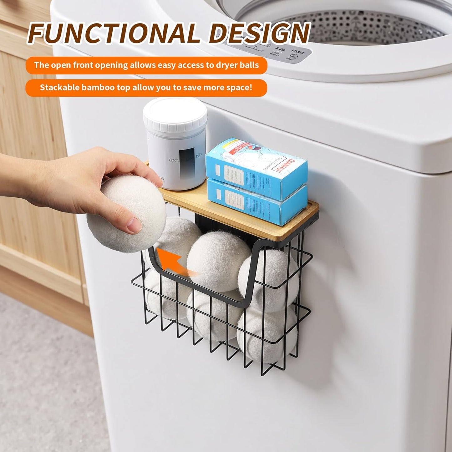 Magnetic Dryer Ball Holder - Black Basket for Laundry Room Organization and Storage with Bamboo Top - Magnetic Lint Bin Suitable for Washer and Dryer / Fridge / Whiteboard (No Balls)