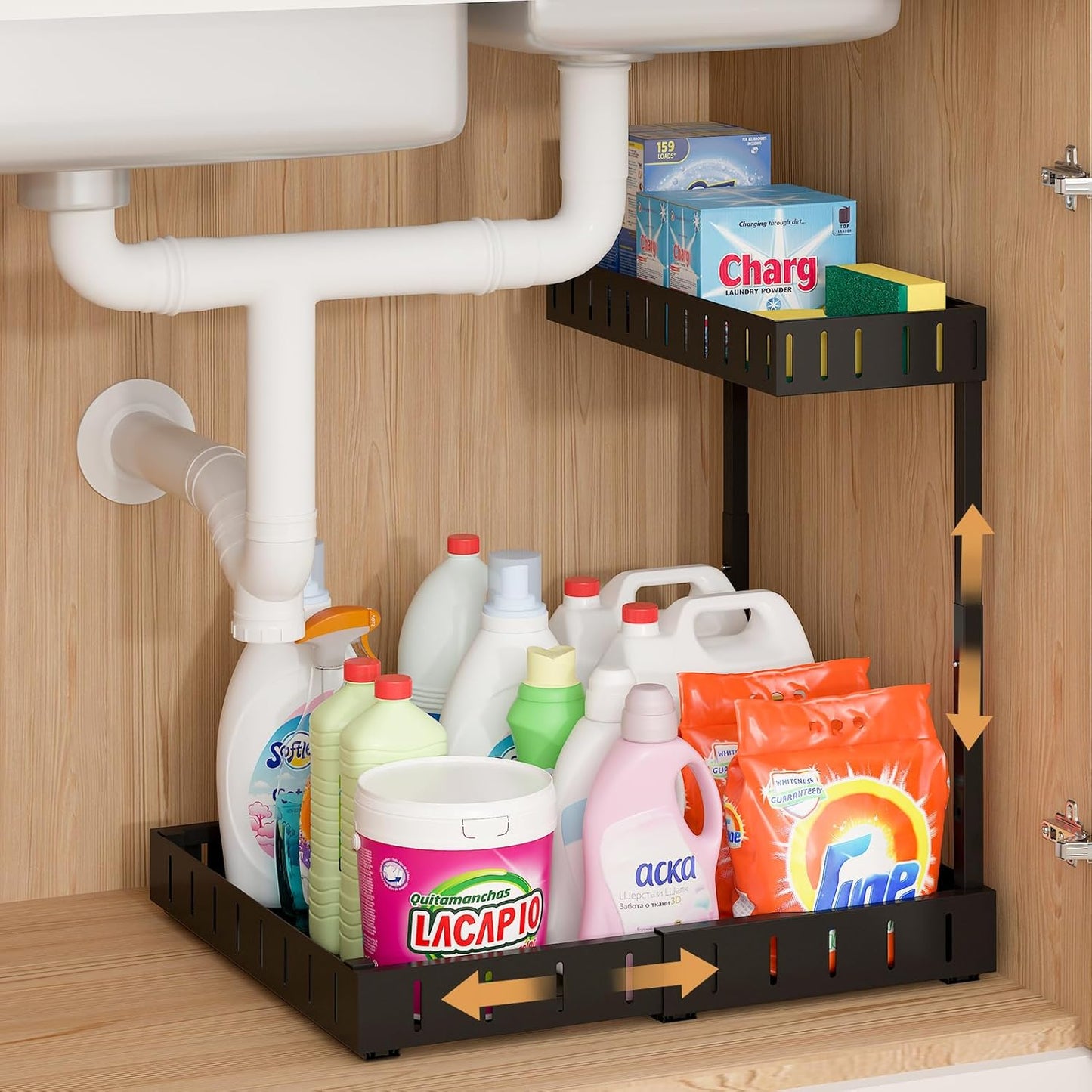 REALINN Under Sink Organizer, 2 Tier Expandable Under Cabinet Organizer, Heights Adjustable Pull Out Storage for Kitchen Bathroom Laundry, Black, 1 Pack