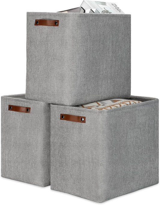 DULLEMELO Large Storage Baskets for Blankets Living Room 51L Canvas Storage Baskets for Organizing 3 Pack Collapsible Baskets Bins for Organizing Home Office with Handles (Grey)