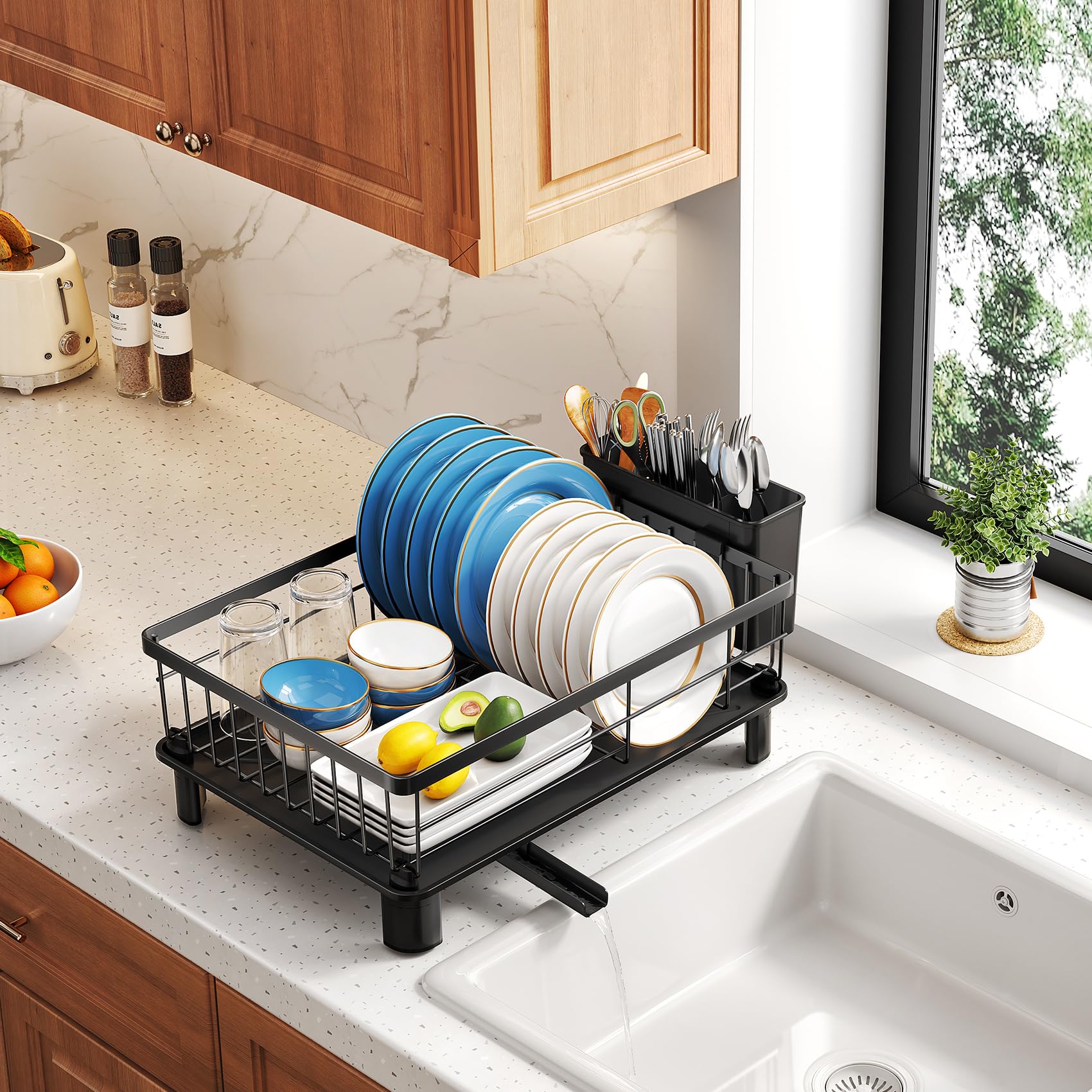 SNTD Dish Drying Rack for Small Kitchen Counter, 11" W x 15" L, Black