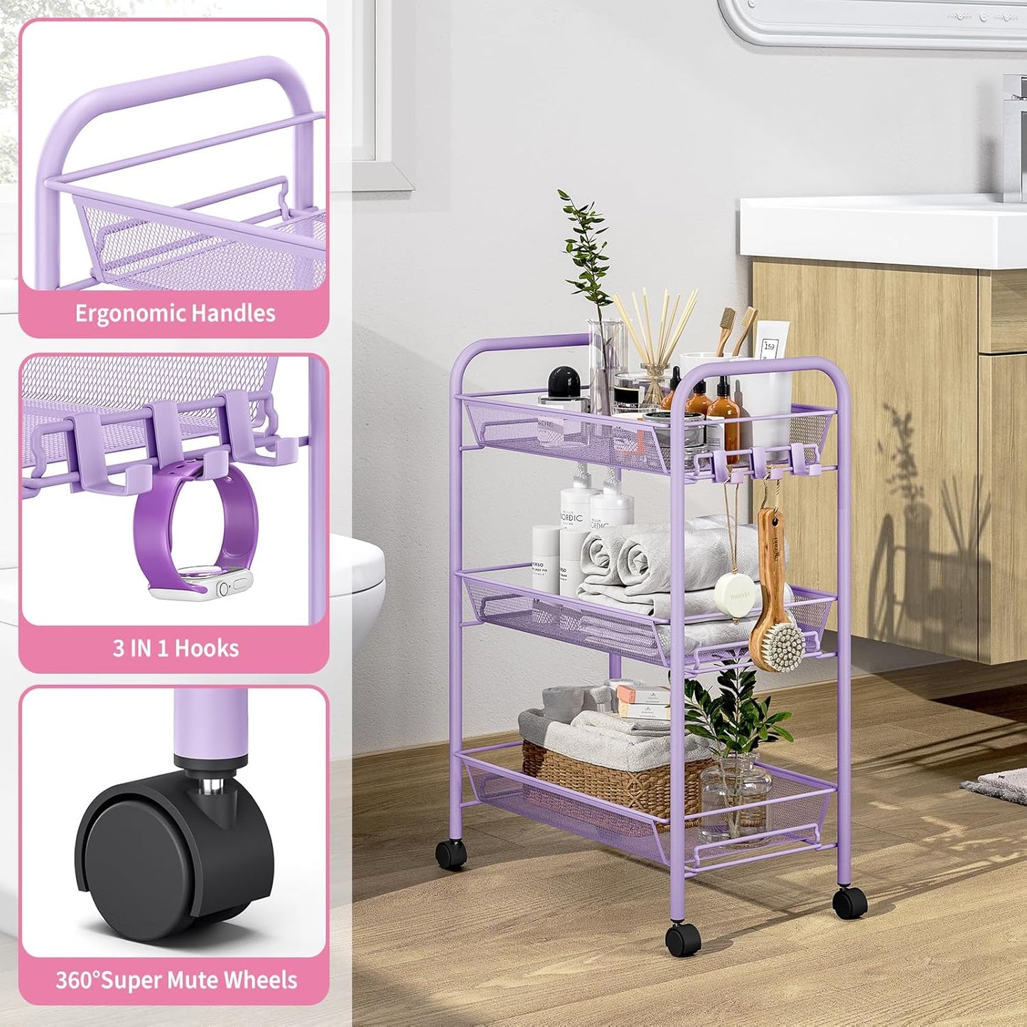 TOOLF 3-Tier Metal Rolling Cart, Mesh Wire Easy Assemble Utility Cart, Storage Trolley on Wheels with 3 Hooks, MetalStorage Shelving Units for Kitchen Bathroom Laundry Room