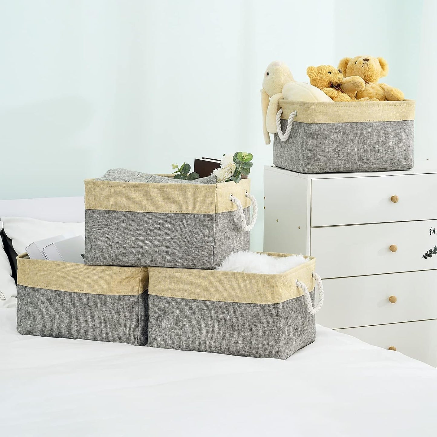 TheWarmHome Storage Basket - 15.7L×11.8W×8.3H 1 Pack Large Baskets for Organizing Shelves, Storage Bins for Clothes Book Shelf Home Fabric Storage Cubes (Gold and Grey)