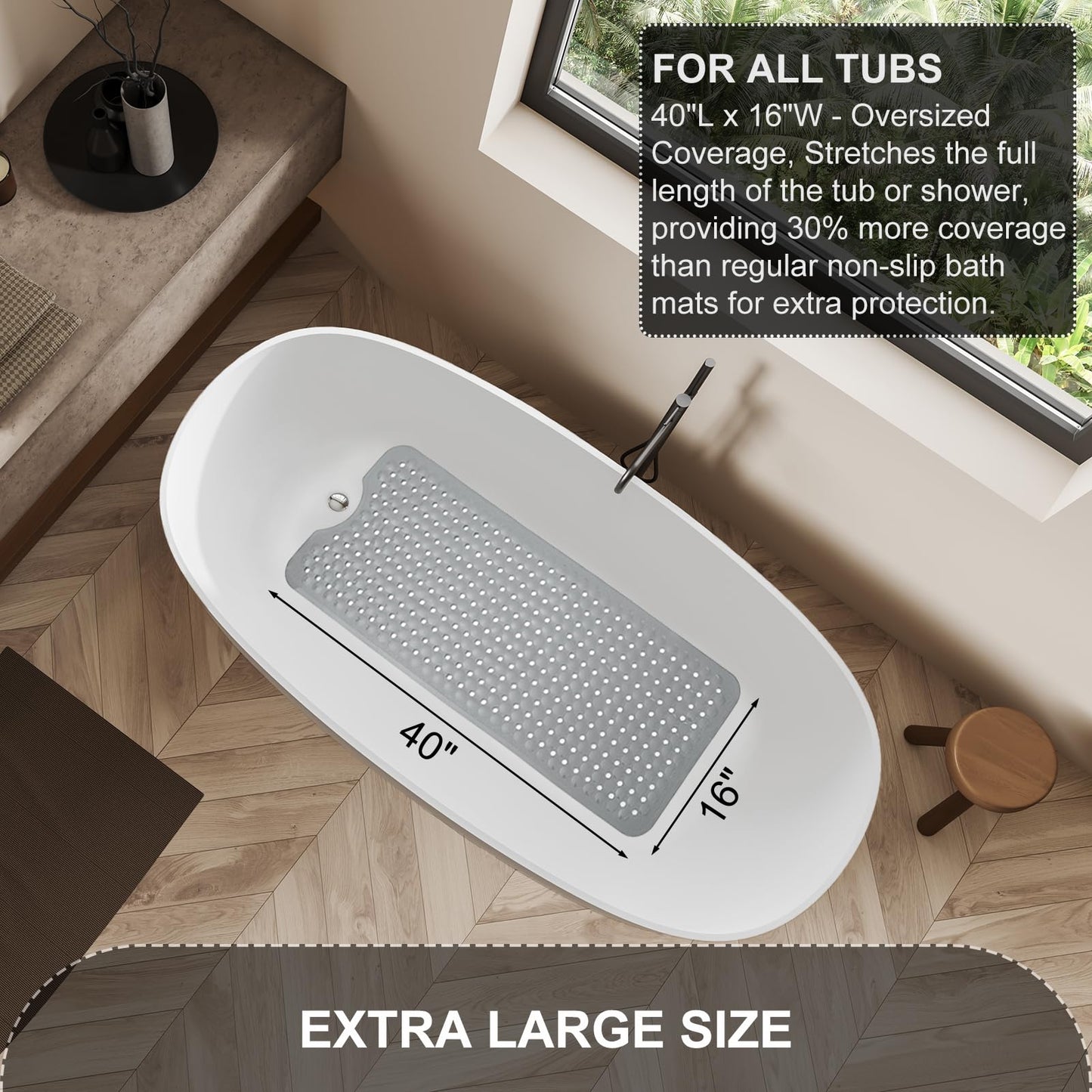 TEESHLY Bath Tub and Shower Mats, Non Slip 40 x 16 Inch Extra Large Bathtub Mat, Machine Washable