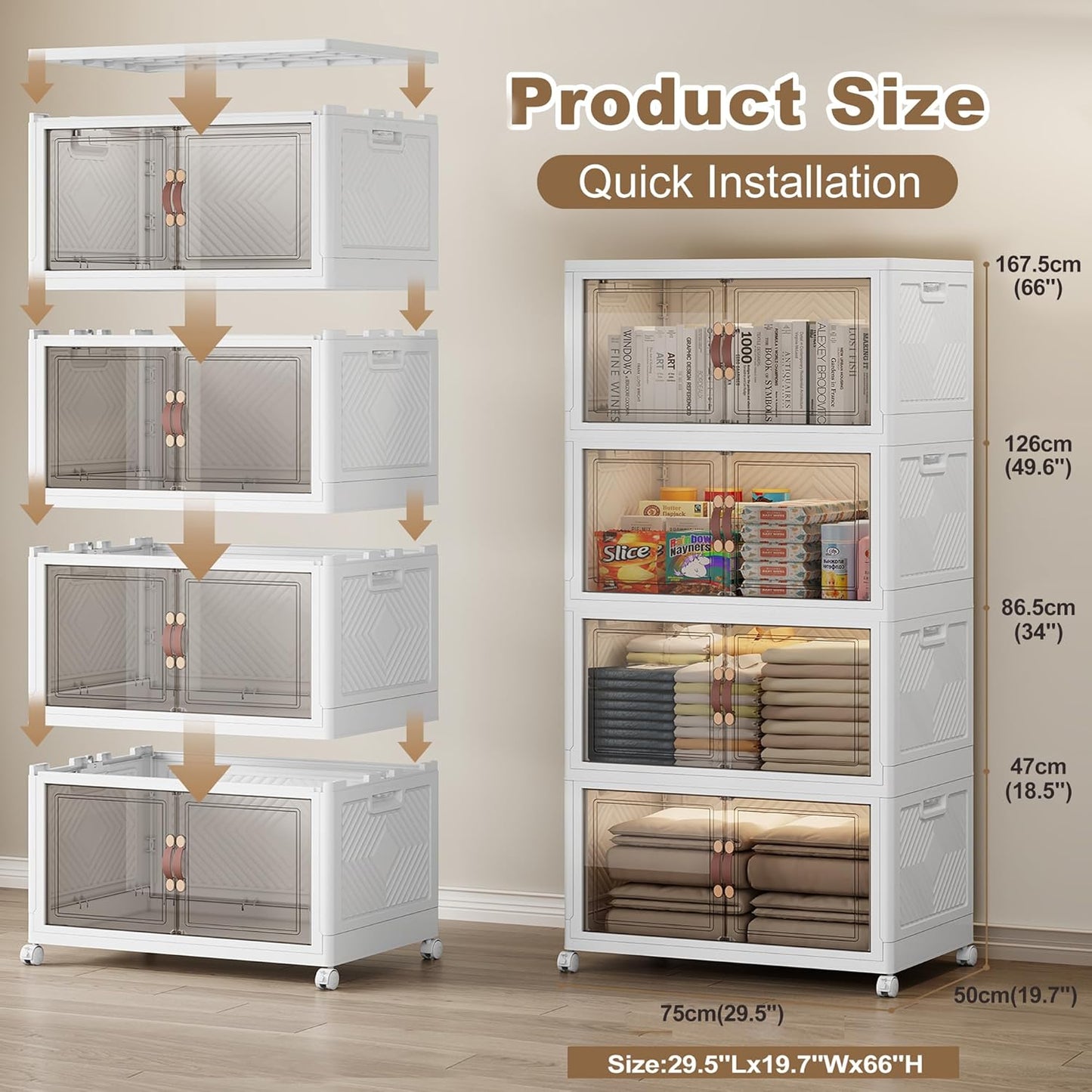 SAILUN 628QT Extra Large Collapsible Storage Bins with Wheels and Lid, Stackable Bins Open Closet Organizers and Storage Storage Containers Drawers,30" L × 19.7" W × 66" H（4 Pack）