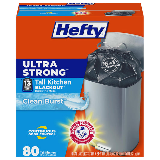 Hefty Ultra Strong 13 Gal Kitchen Trash Bags, Black, Clean Burst, 80ct