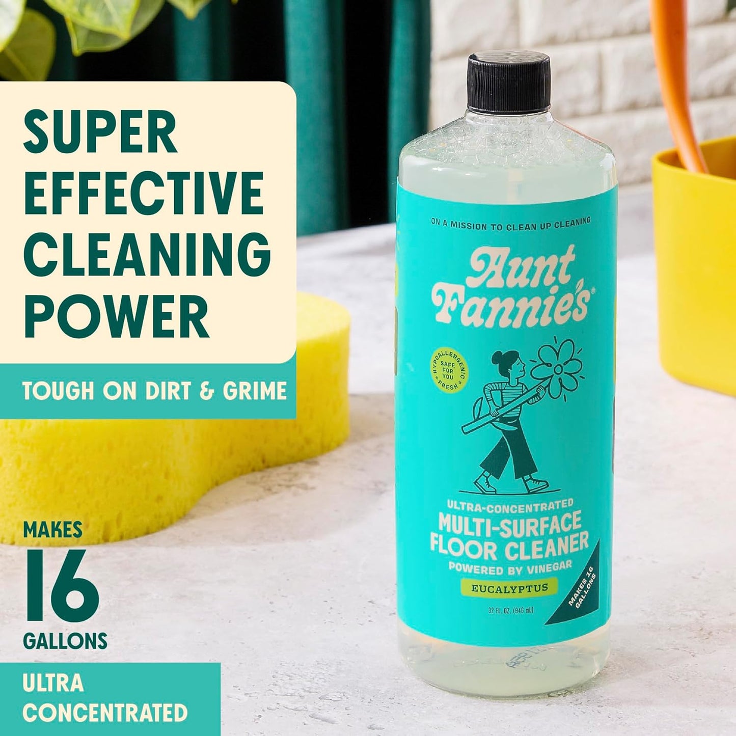 Aunt Fannie's Ultra Concentrated Floor Cleaner Vinegar Wash, Multi-Surface Solution For Mopping, Makes 16 Gallons, Eucalyptus Scent, 32 oz. (Pack of 1)