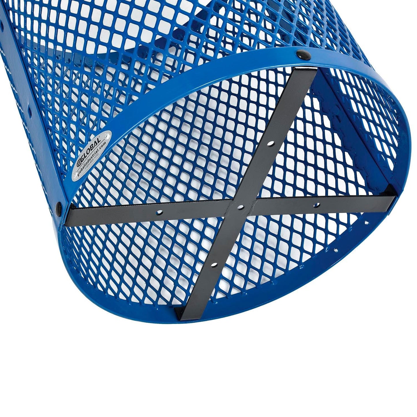 Global Industrial Outdoor Diamond Steel Trash Can with Flat Lid and Plastic Liner, 36 Gallon Capacity, Blue, Thermoplastic Coating, 23-1/2" Diameter, 30" H