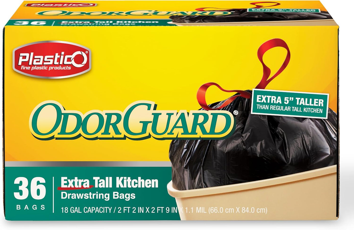 Plastico Extra Tall Kitchen Trash Bags - 18 Gallon, Black, 36 Garbage Bags, Extra Strong, Easy Drawstrings - Odor Guard Control, Unscented, 1.1 Mil Thick Plastic