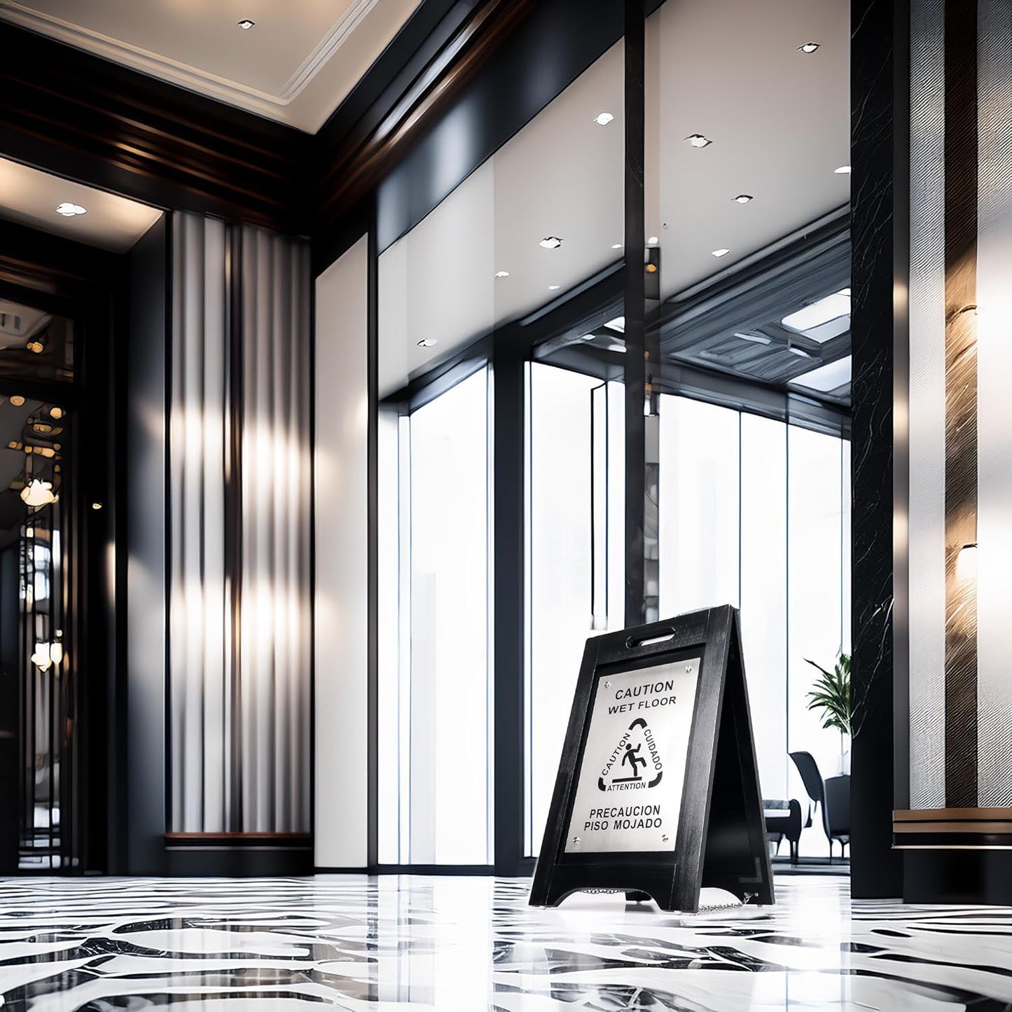 Premium Wooden Caution Wet Floor Sign – Bilingual w/ Non-Skid Plastic Feet – For Hotels, Schools, Offices, Areas, Restrooms, Pool Decks & Shops - Black Wood/Brushed Nickel Plate