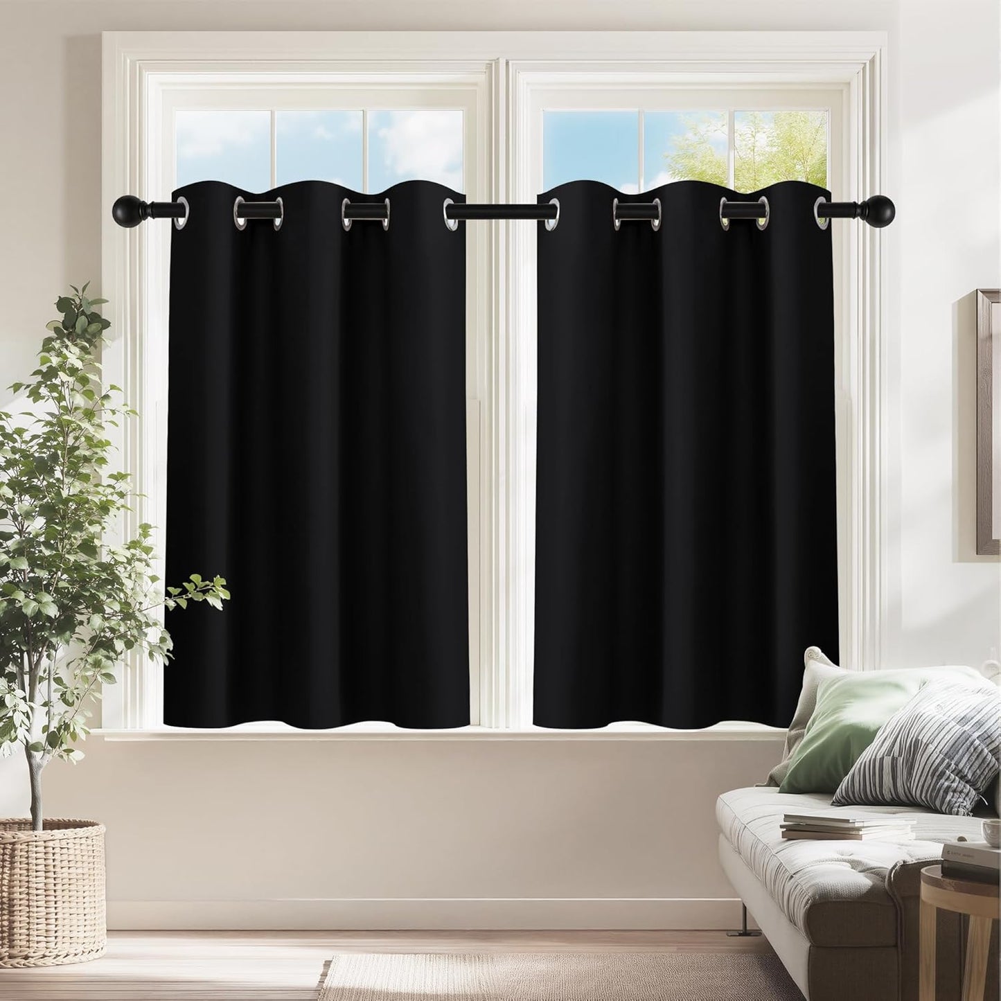 PONY DANCE Cafe Curtains 24 inch Length - Blackout Camper Curtains for Travel Trailers, Short Small Window Drapes for Bathroom & Basement, Ideal for RV Camper,34 Wide, Black 2 Pcs