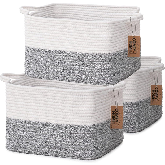 COMFY-HOMI 3-Pack Cotton Rope Woven Basket with Handles for Shelves, Book, Cloth Basket|Dog Toy Basket for Organizingy|13.5" x 11" x 9.5" for Bedroom（White/Grey）