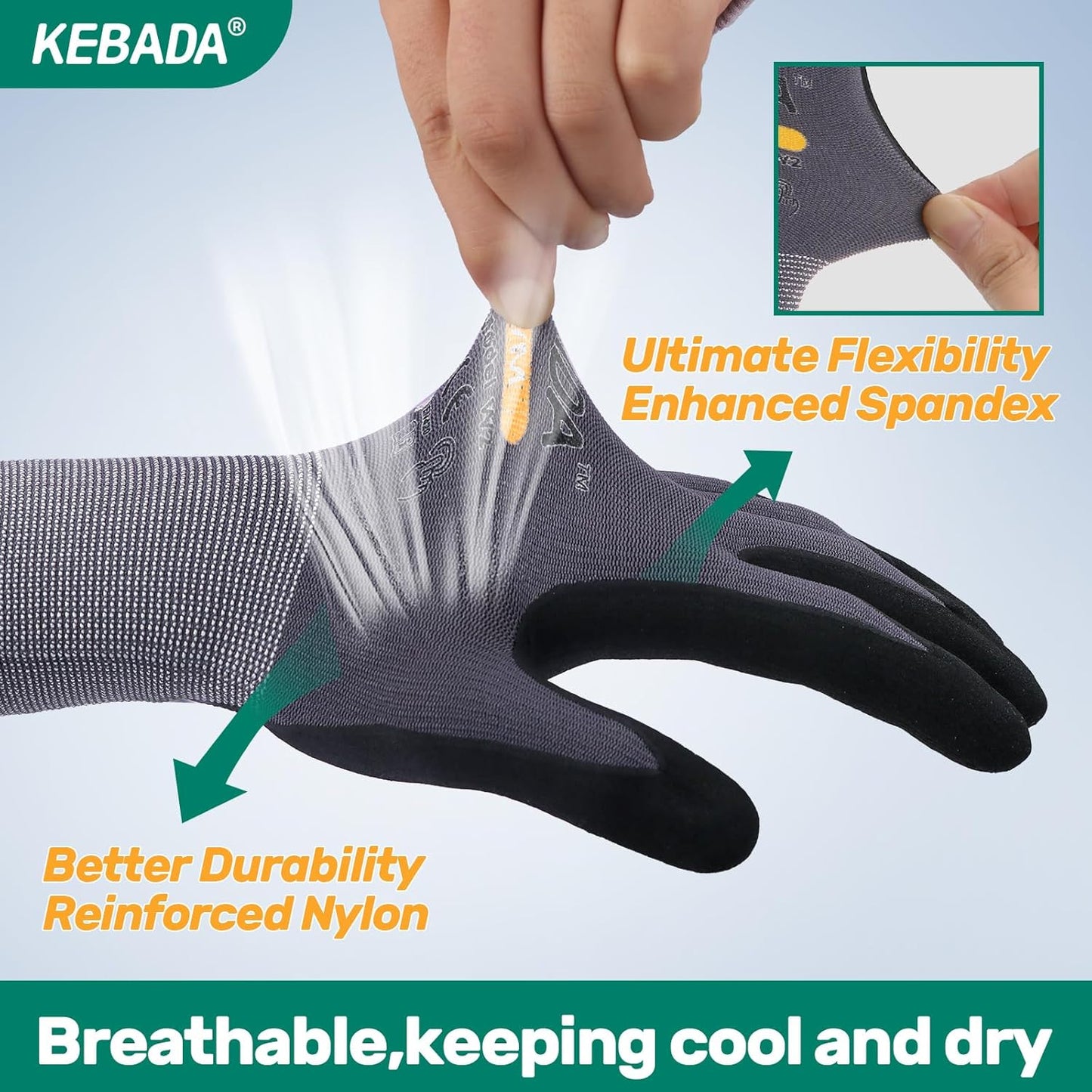 Kebada W2 Safety Work Gloves, Micro-Foam Nitrile Coated Gloves, Touchscreen,Ideal for Package Handling, Gardening, Construction, 1 Pair X-Large