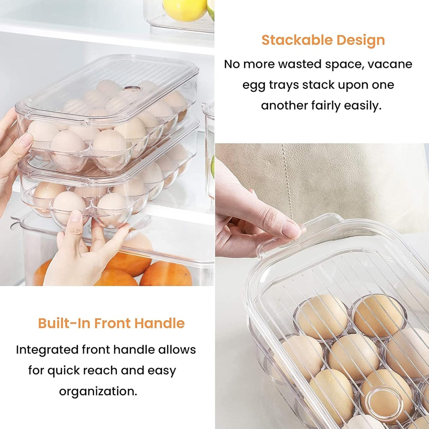 vacane Plastic Egg Holder for Refrigerator,Stackable Egg Holder Clear Tray with Lid,BPA-Free Egg Container Organizer Countertop Kitchen Fridge, Stores 16 Eggs - 2 Pack