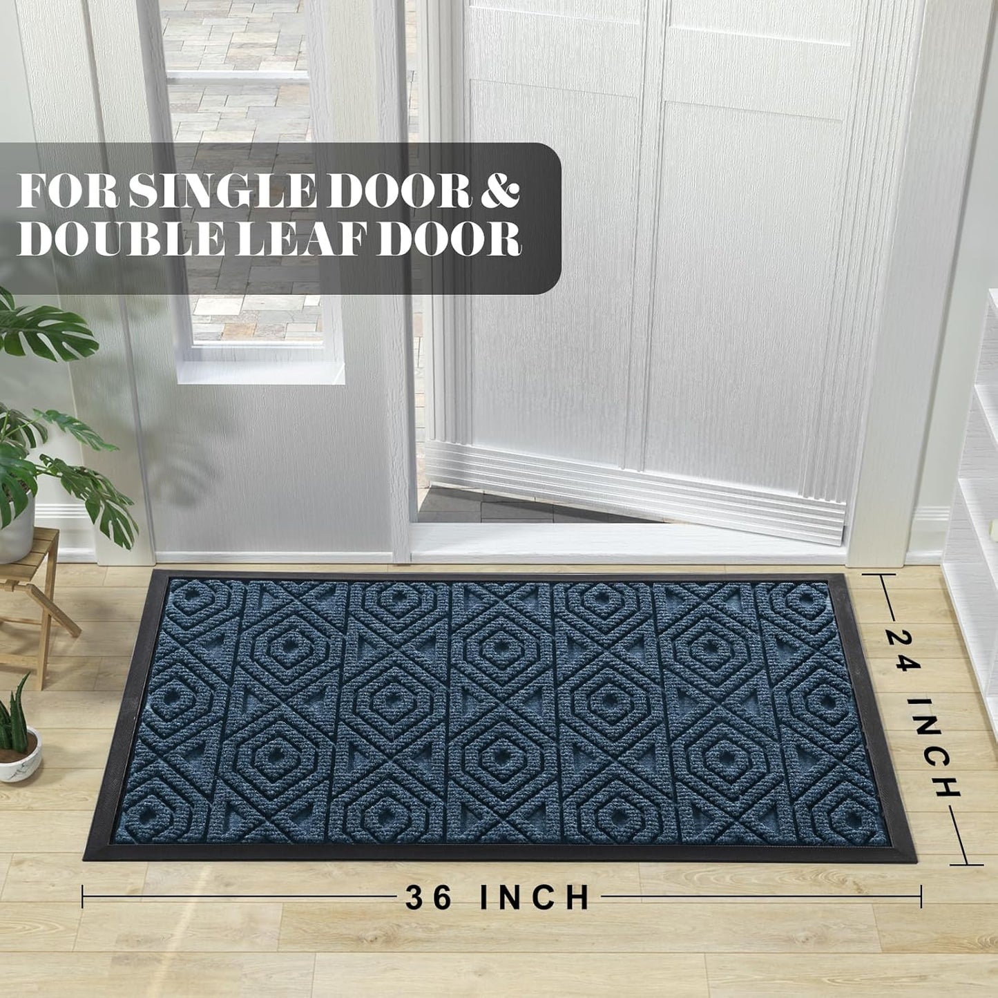 Yimobra Door Mat, Outdoor Indoor Entrance Welcome Mat, Heavy Entry Front Door Mat, Stain & Fade Resistant, Low Profile, Sturdy Rubber, Easy Clean Patio Floor Mat, Waterproof, 36 x 24, Blue