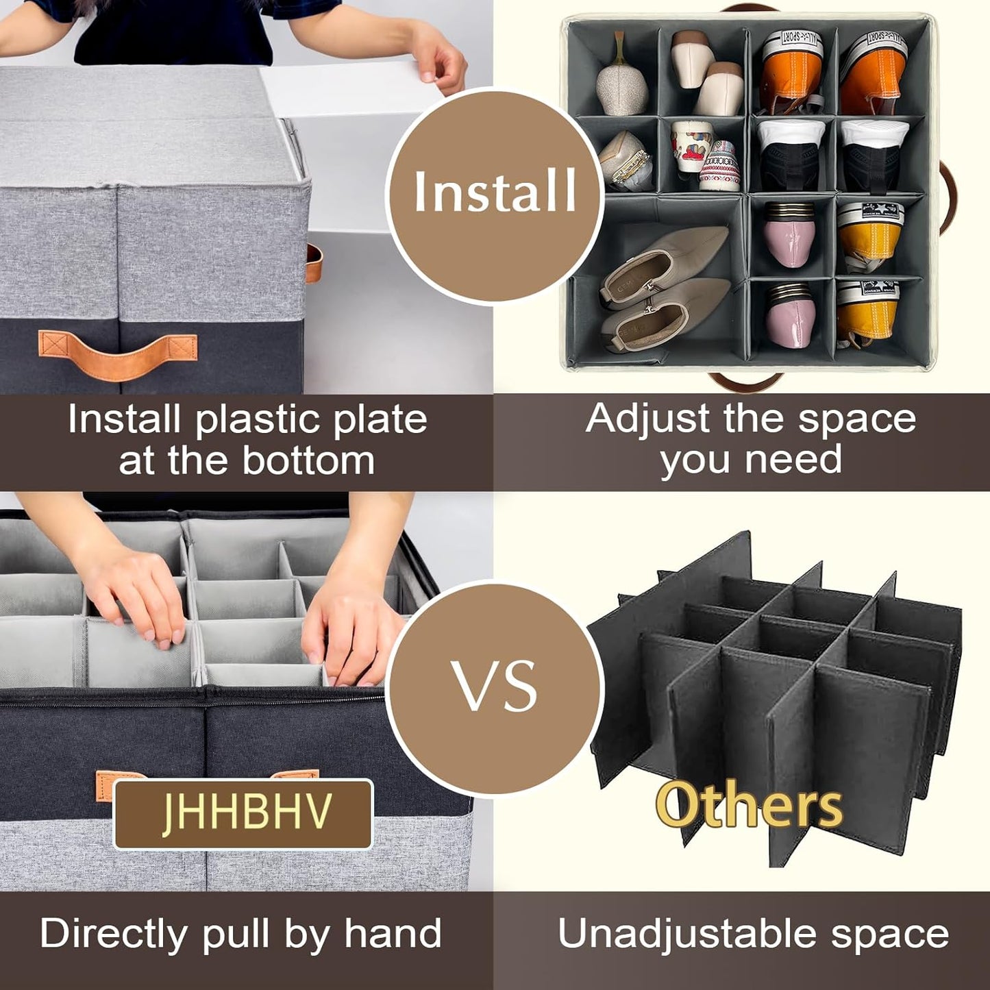 1 Pack Shoe Organizer for Closet, Adjustable Shoe Box Storage Containers, Large Foldable Shoe Bins with Clear Cover, Space Saving Shoes Holder with 4 Handles, Fits 8-16 Pairs, Black