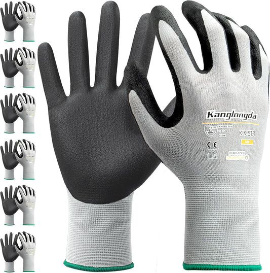 6-Paris Large Work Gloves for Men and Women, Nitrile Coated Safety Protective Gloves with Grip