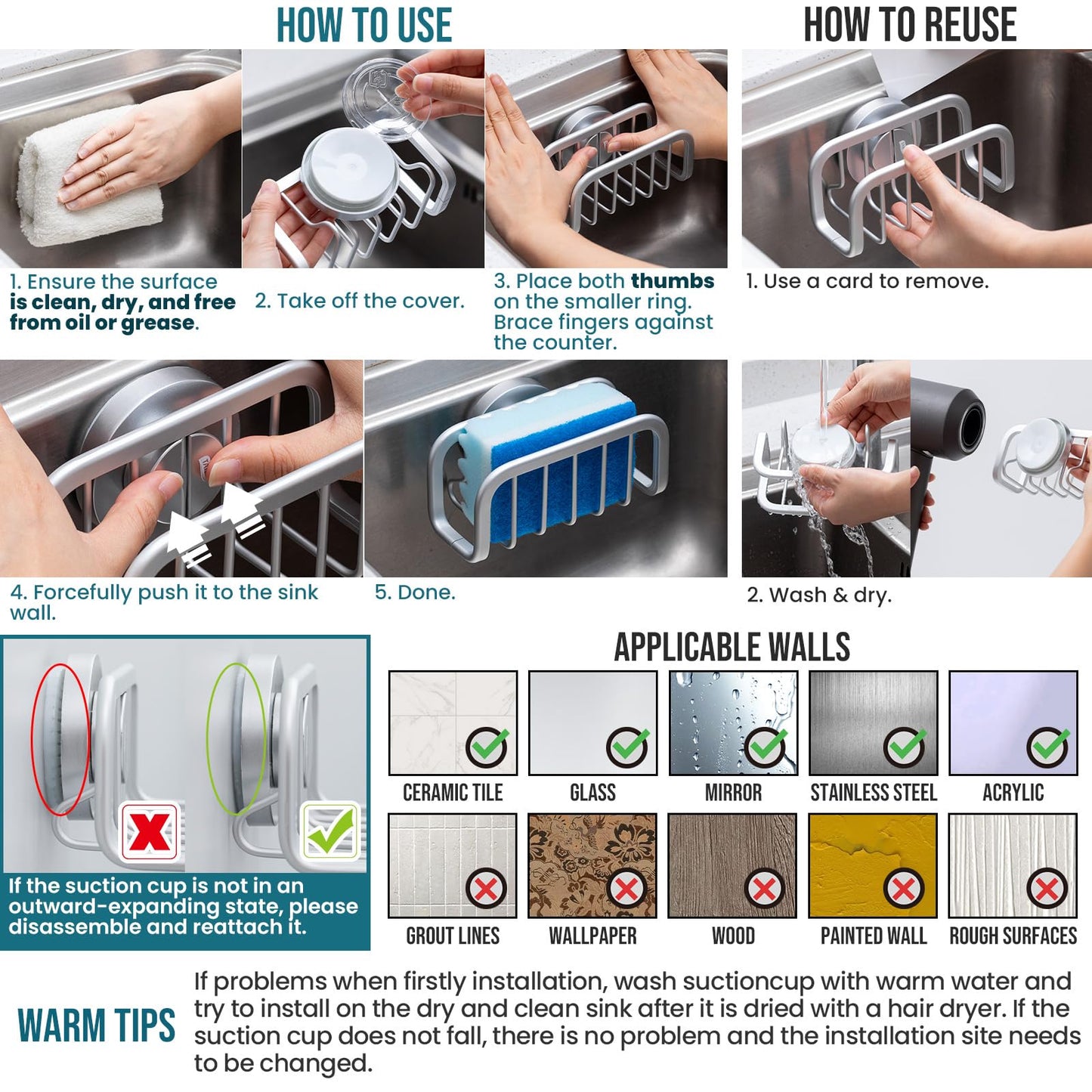 TAILI Silver Sponge Holder for Kitchen Sink with Strong Suction Cup