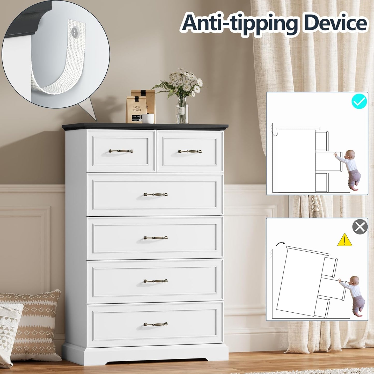 6 Drawer Dresser for Bedroom, 49" Tall Wooden Chest of Drawers, Rustic Farmhouse Dresser with Large Drawers & Metal Handles, Modern Storage Organizer for Closet, Living Room, Hallway, White