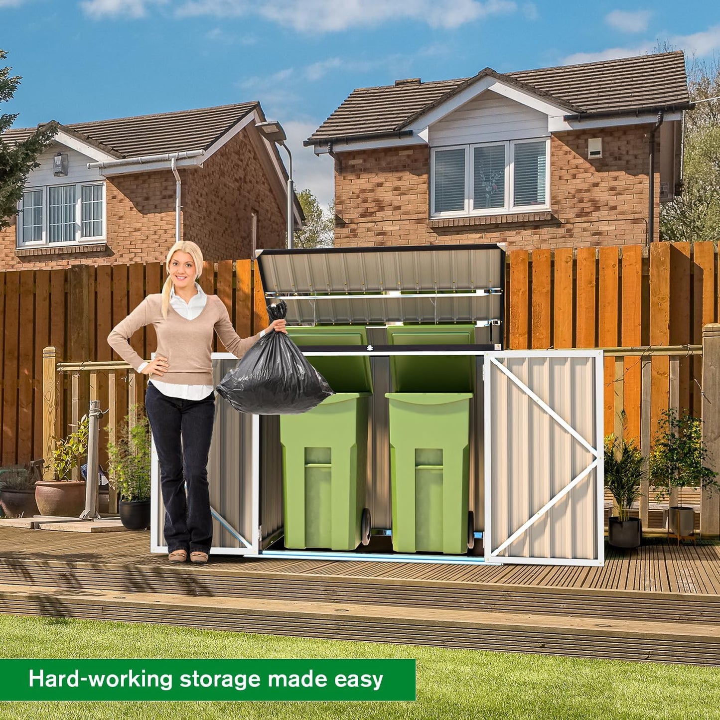 AECOJOY Outdoor Trash Can Storage Shed, 46 Cu.Ft White Trash Can Storage Shed Outdoor Horizontal Storage Cabinet Waterproof, Garbage Can Storage Bicycle Sheds & Outdoor Storage Clearance