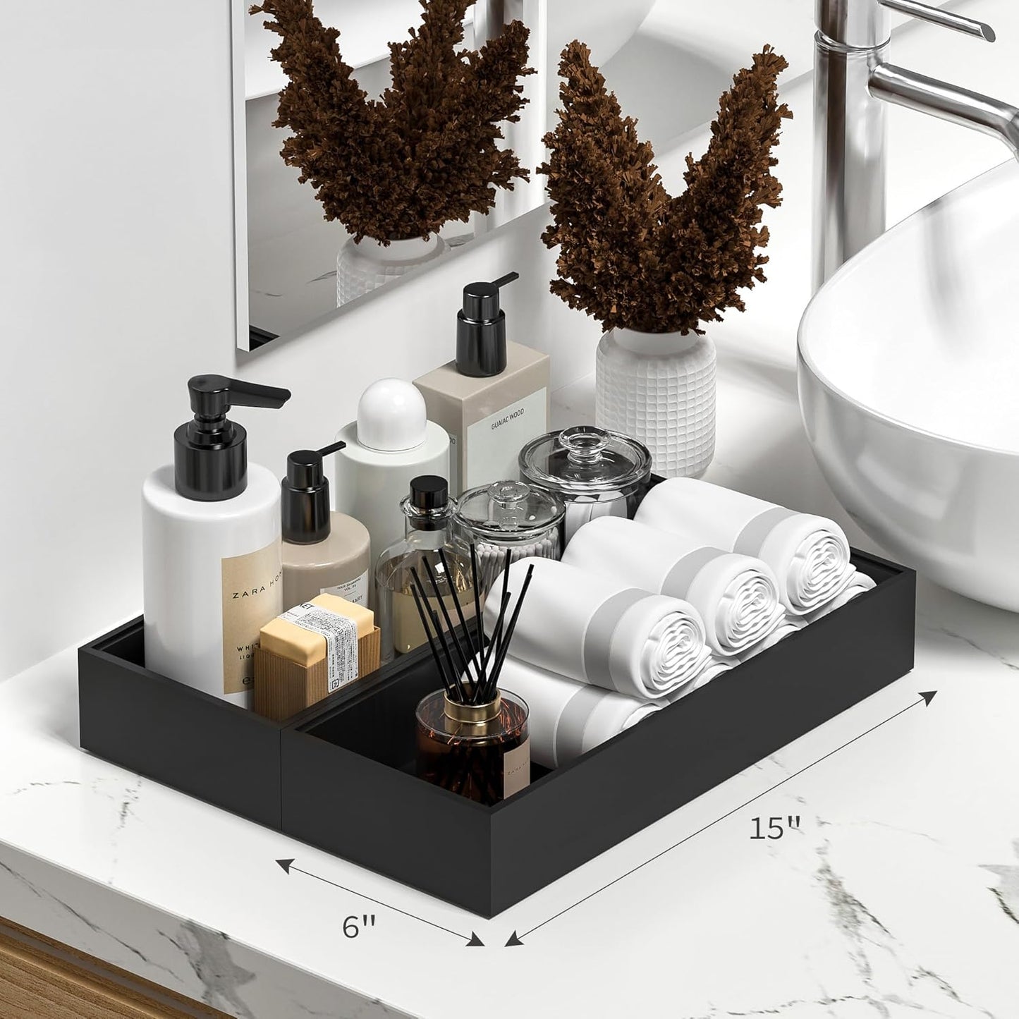 Kitchen Drawer Organizer Bins, Stackable Bamboo Drawer Organizer for Silverware, 2 Pcs Toilet Paper Basket Holder, Wood Bathroom Tray Countertop, Toilet Tank Tray Black 15" x 6" x 2.5"