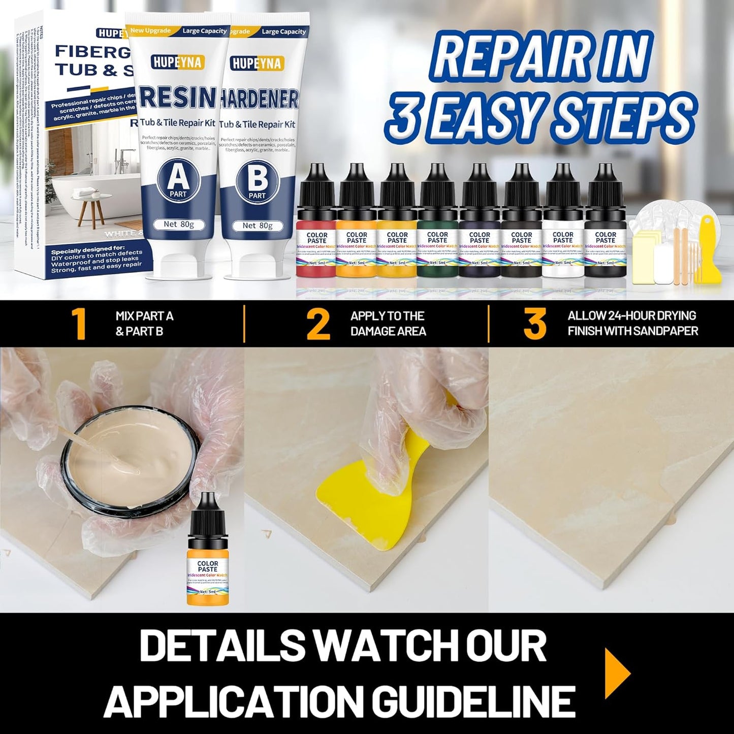 Fiberglass Repair Kit, Bathtub Repair Kit for Tile, Acrylic, Ceramic, Enamel, Kitchen Bathroom Fix Chips Cracks Scratches Rust Holes on Porcelain Sink, Tub, Toilet, Shower Tray, Granite, Marble, Deck