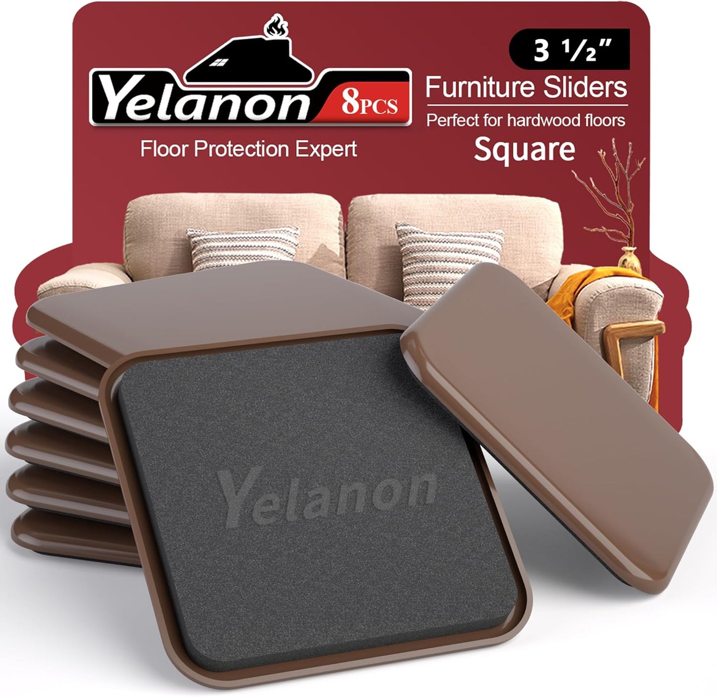 Yelanon 8pcs-3 1/2” Square Furniture Sliders for Carpet Furniture Pads Hardwoods Floors, Heavy Duty Furniture Movers Sliders,Furniture Moving Pads,Brown