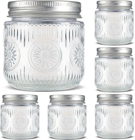 Mason Jars 8 oz - Vintage Small Glass Mason Jars with Silver Metal Lids, Regular Mouth Canning Jars, Safe For Storage, Canning, Pickling, Preserving, Fermenting, DIY Crafts & Decor (6Pack)