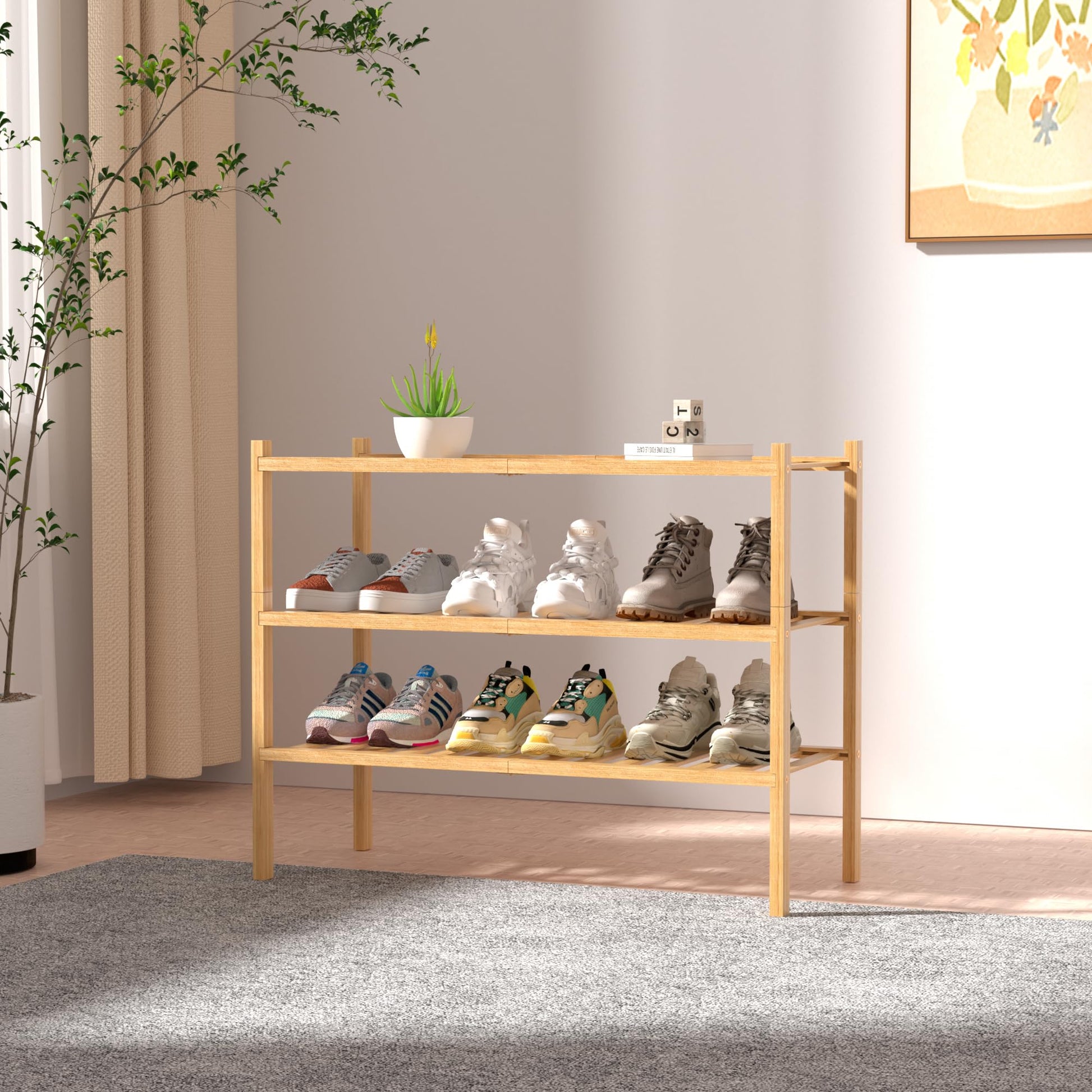 ROMGUAR CRAFT 3 Tier Bamboo Shoe Rack for Closet Free Standing Wood Shoe Shelf Storage Organizer