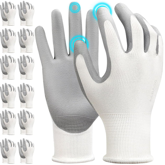 Kebada W1 Work Gloves for Men and Women, 12 Pairs Touchscreen Safety Gloves with Grip, PU-Coated